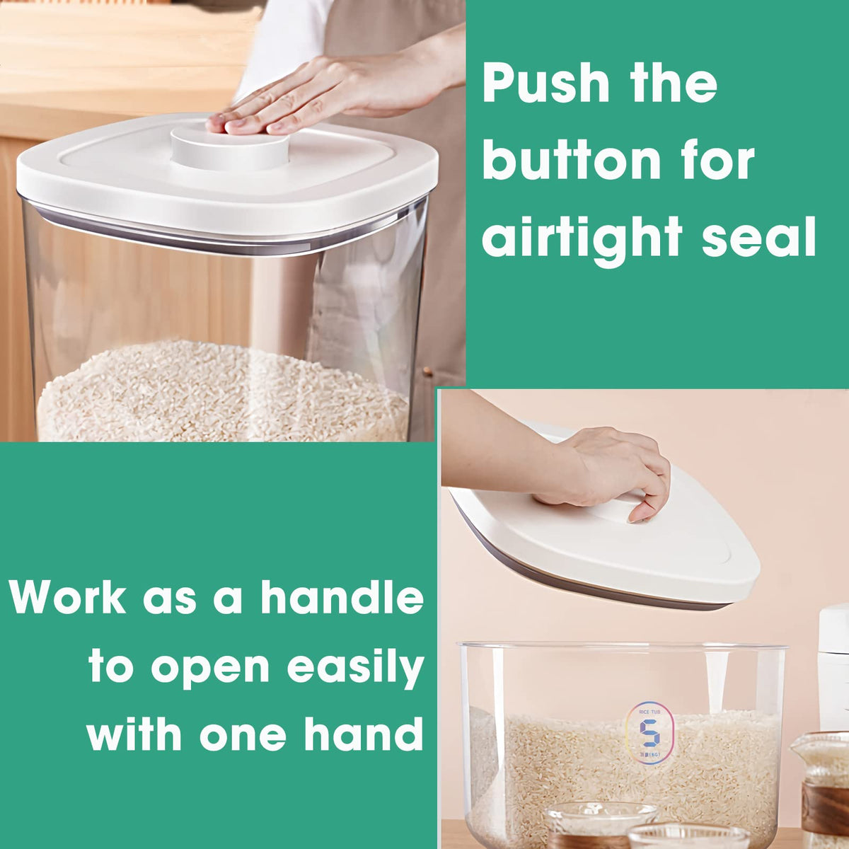 TBMAXS rice container lid with push-button for one-handed opening.