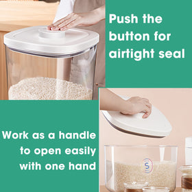 TBMAXS rice container lid with push-button for one-handed opening.