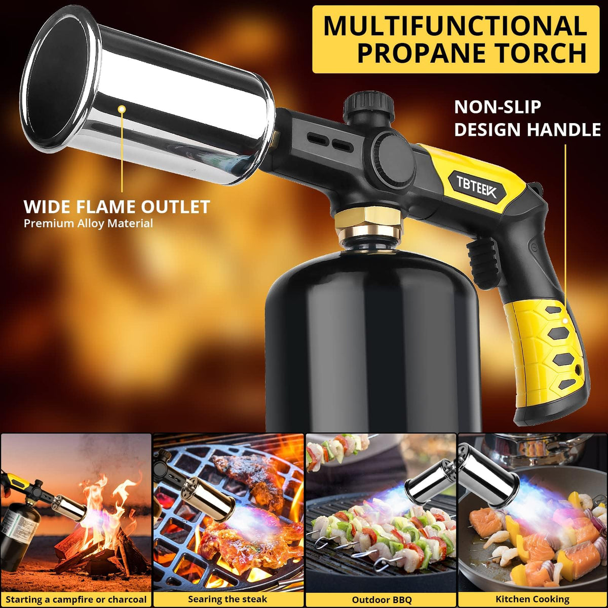 TBTeek outdoor torch used for grilling, camping, and fire lighting