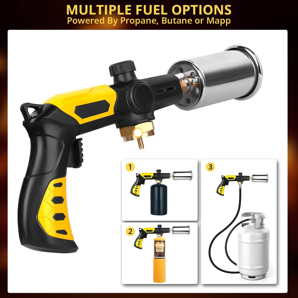 TBTeek refillable kitchen torch compatible with propane and MAP canisters