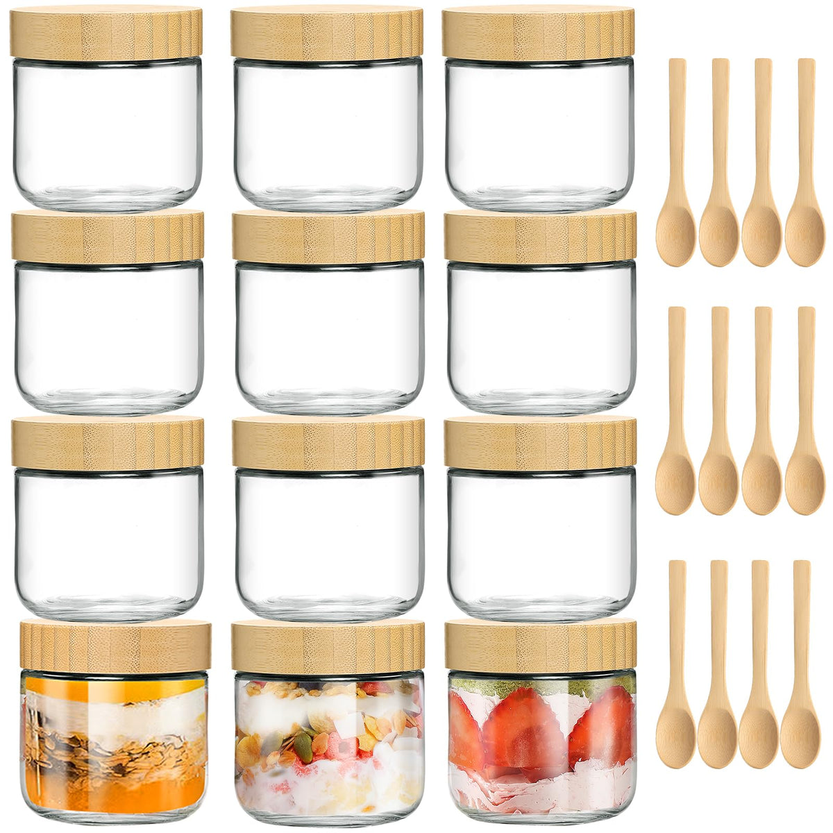 TBWIND 12-pack glass jars with bamboo lids shown for clear, durable storage