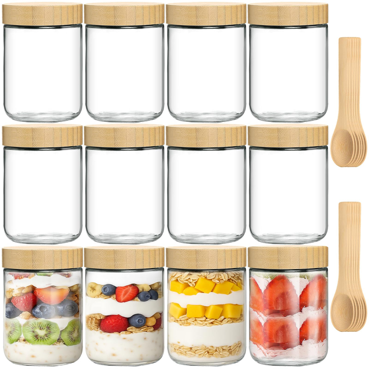 TBWIND 12-pack 16oz glass jars with bamboo lids for versatile meal-prep storage