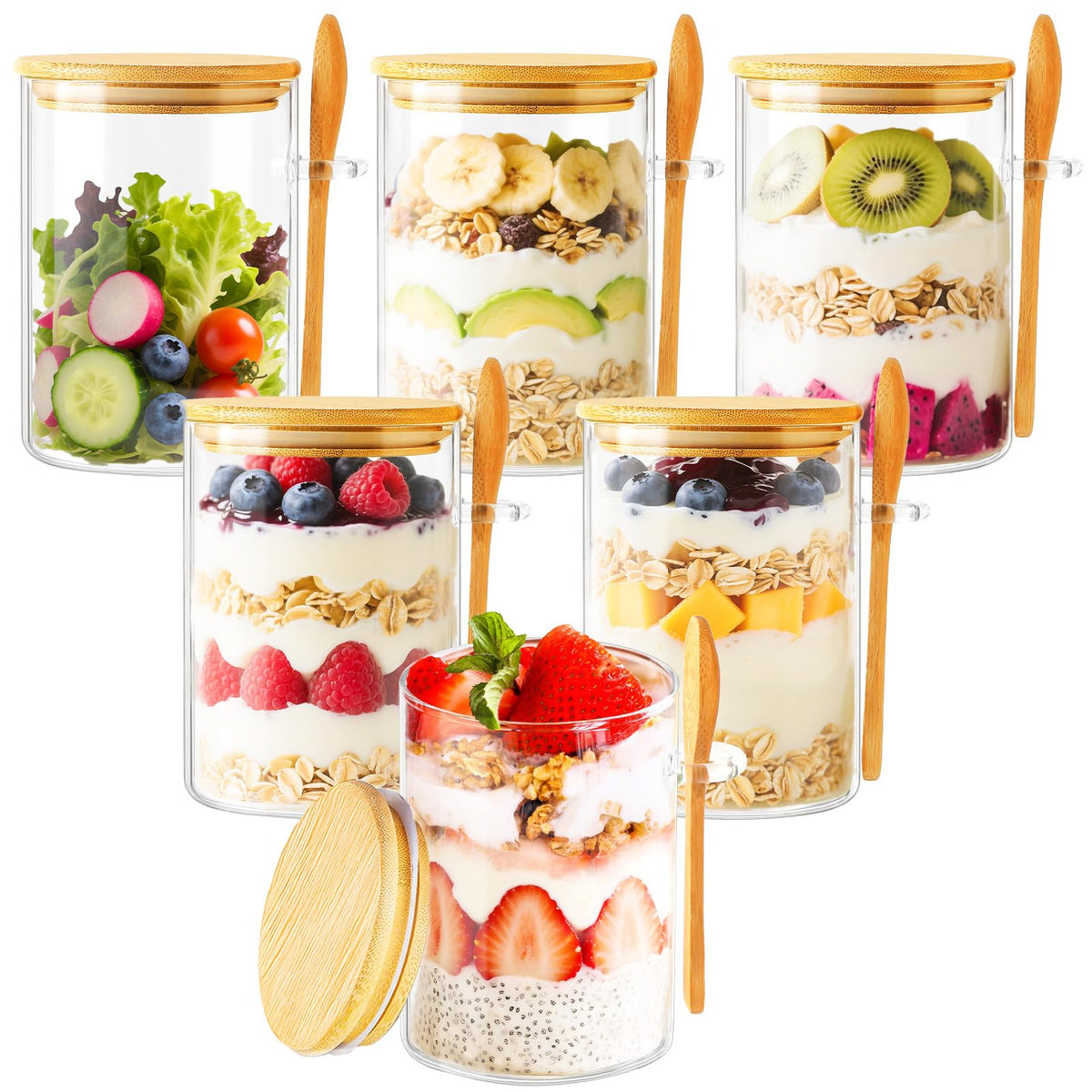 TBWIND overnight oats jar with bamboo lid closeup showing freshness