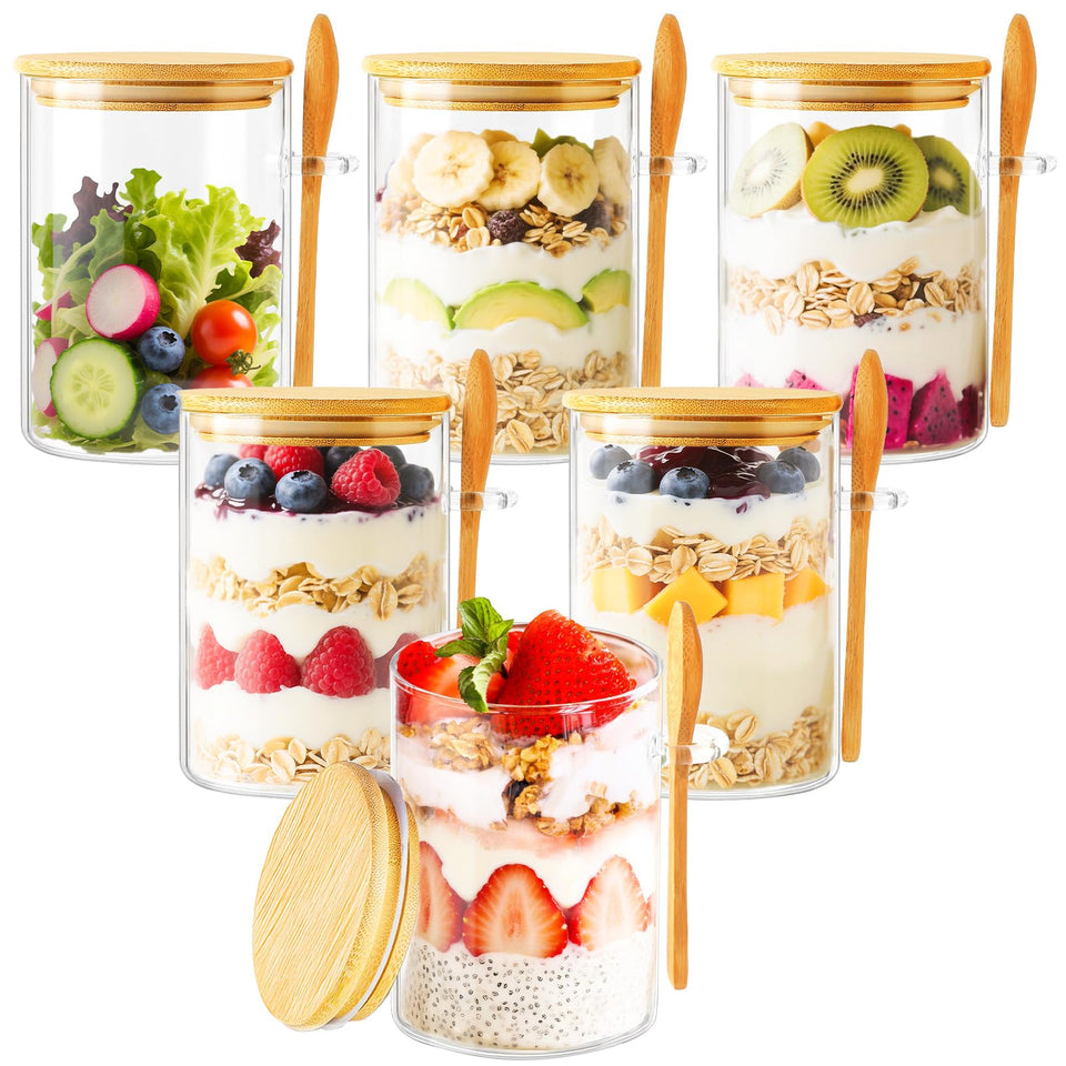 TBWIND overnight oats jar with bamboo lid closeup showing freshness