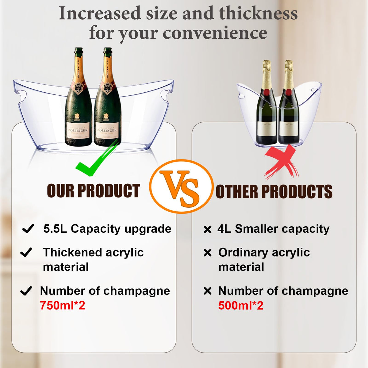 Tchrules champagne bucket clear design for easy monitoring of melting ice.