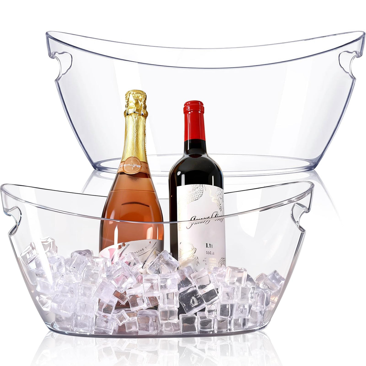 Tchrules ice bucket 2-pack front view, clear acrylic for party use.