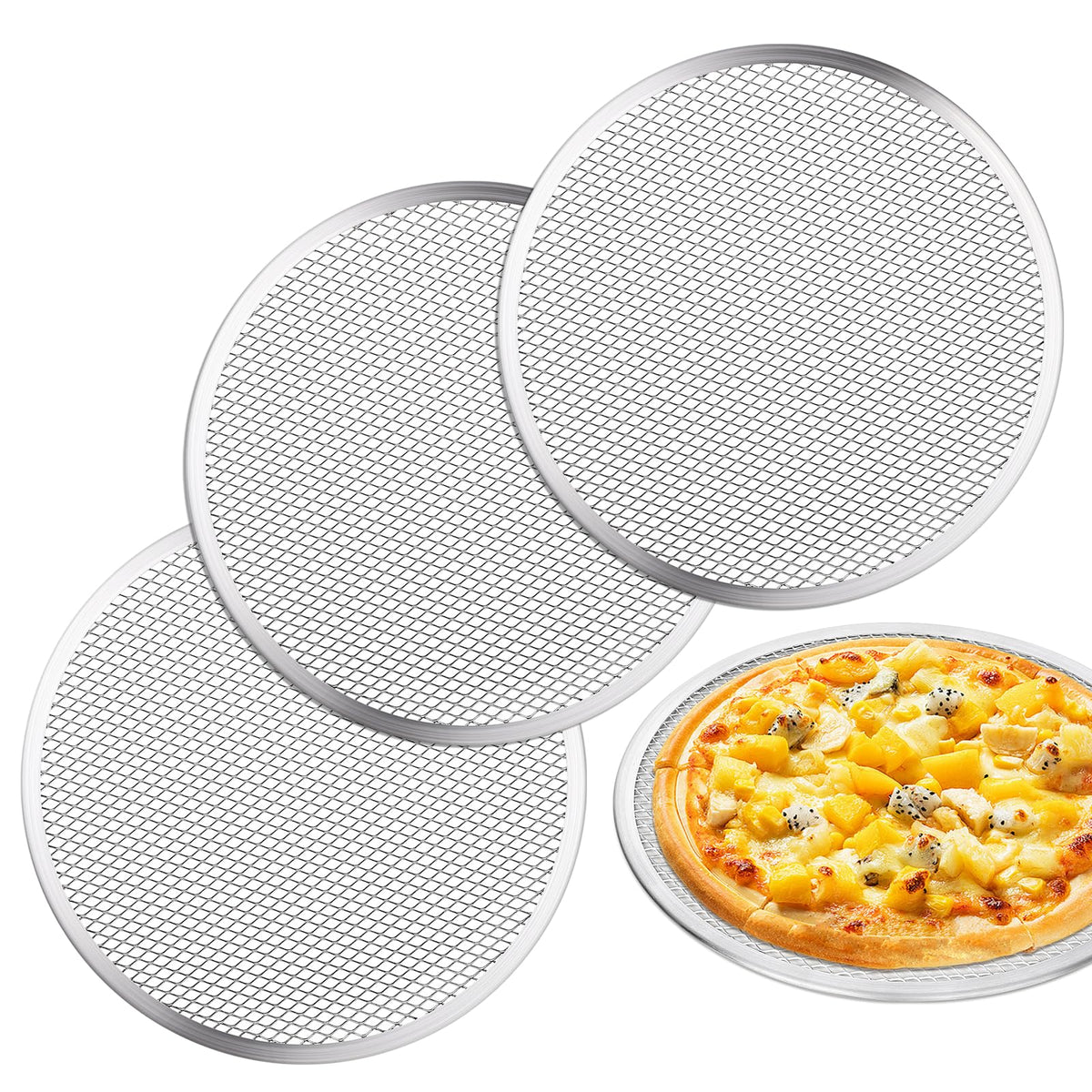 Tchrules 12-inch pizza screen in oven for even, crispy crusts