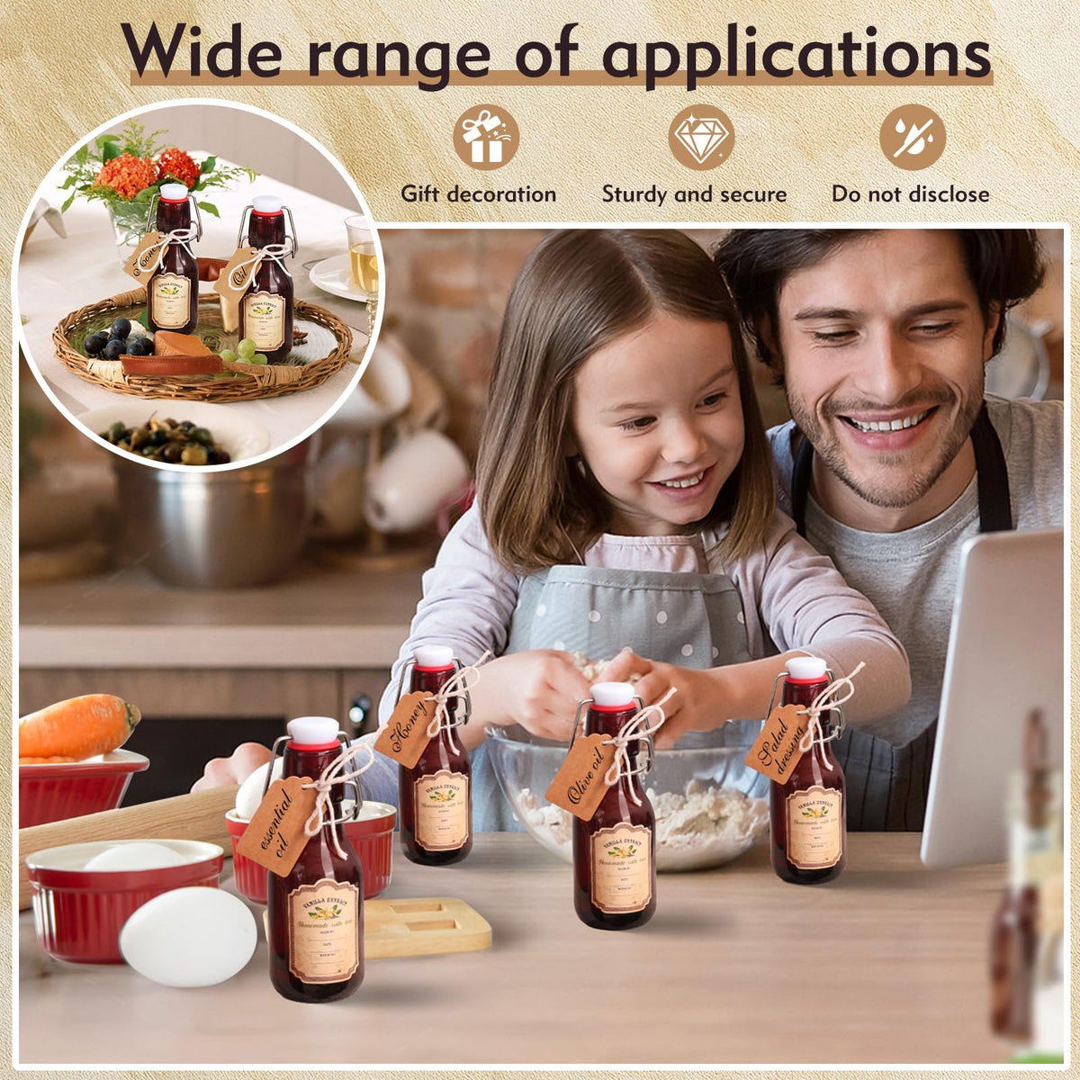 tchrules swing-top lid close-up on brown glass bottle, secure seal for fresh flavors