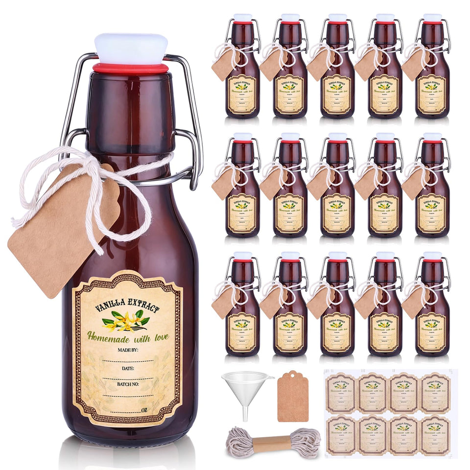 tchrules vanilla bottle set with sixteen brown swing-top bottles for homemade extracts and gifts