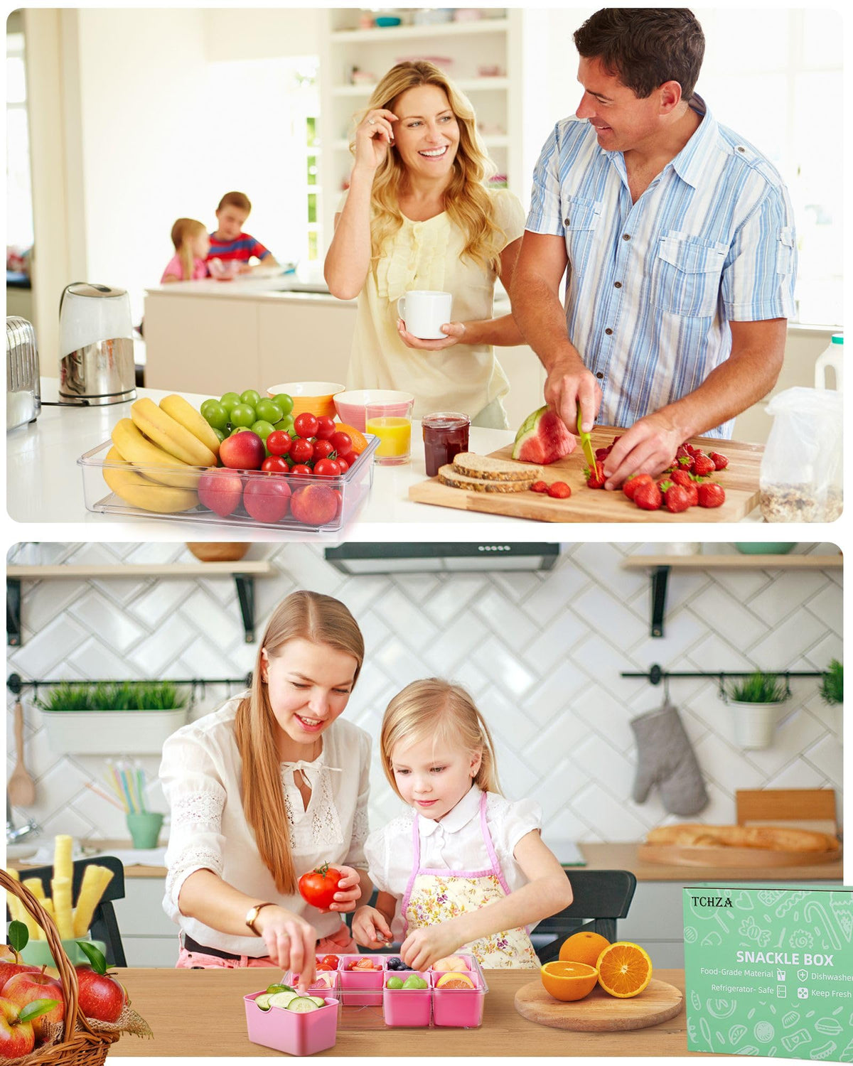 TCHZA Snackle Box with divided compartments keeps fruits and snacks organized.