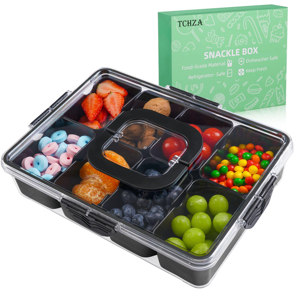 TCHZA Snackle Box with lid and handle for easy transport and organized snacks.