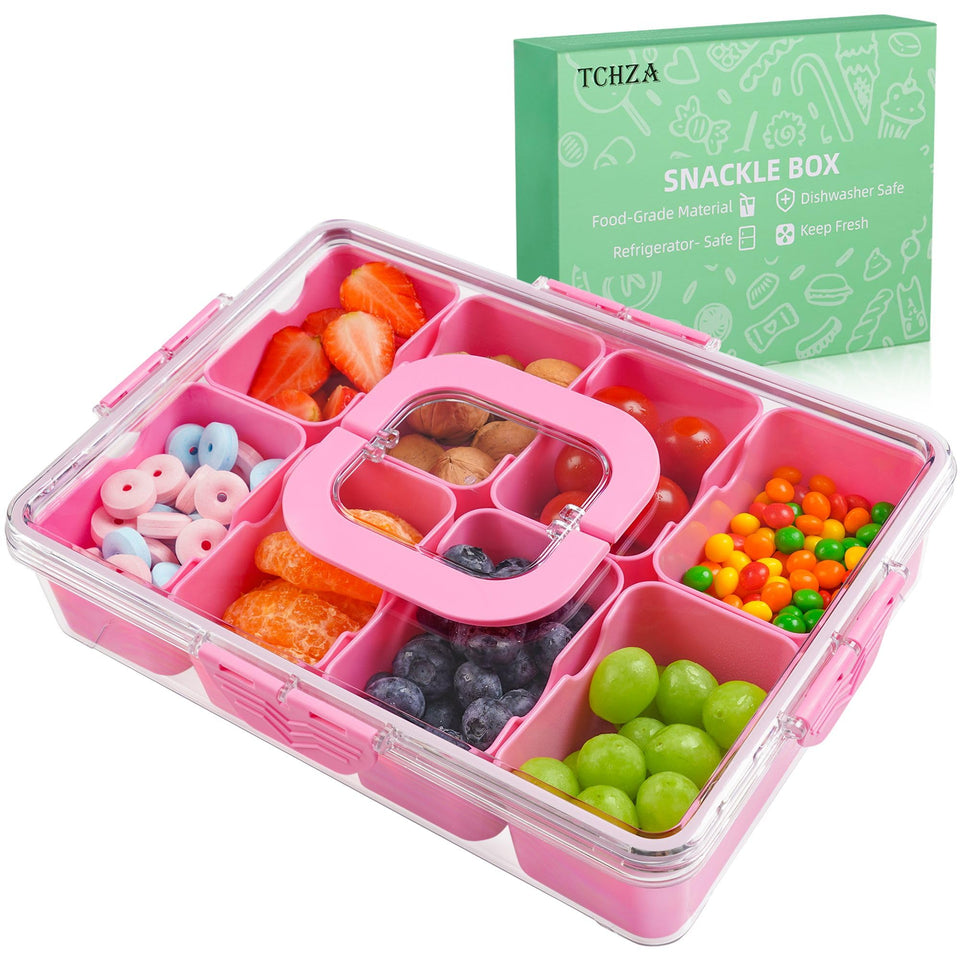TCHZA Snackle Box with lid and handle for portable snack platters.