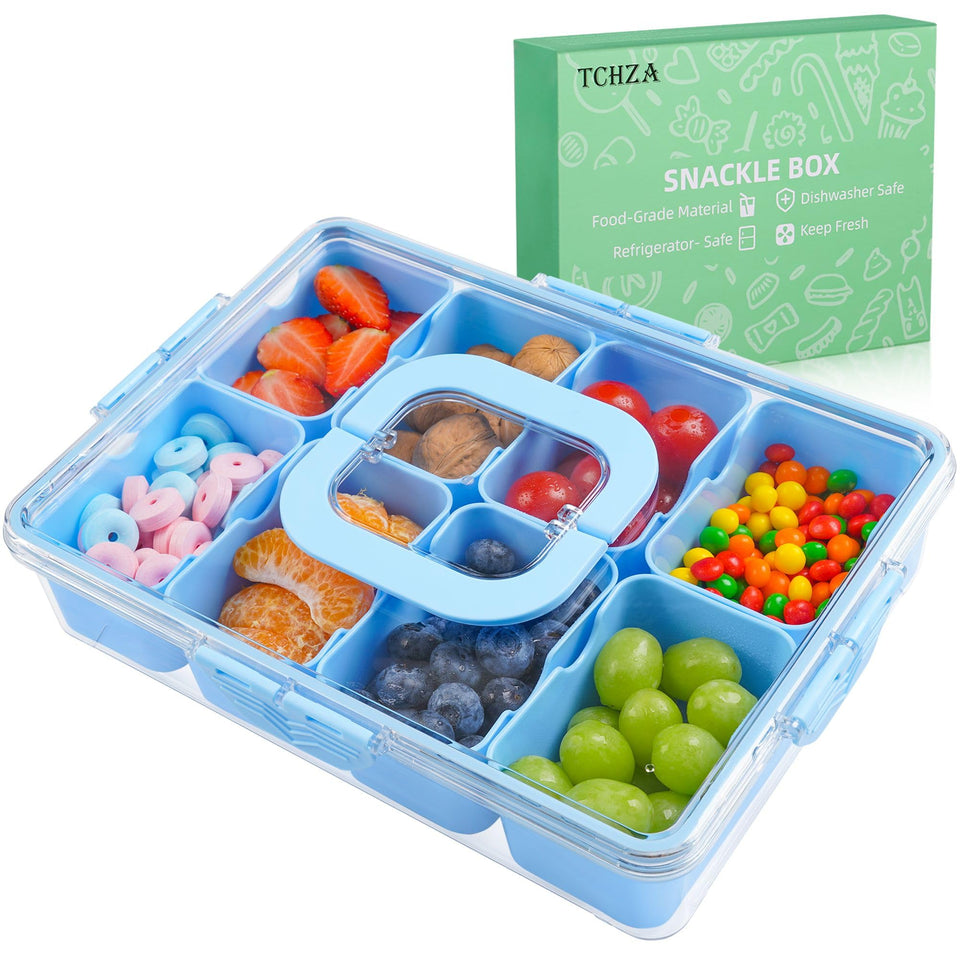 TCHZA Snackle Box with lid and handle keeps snacks organized and portable for road trips.
