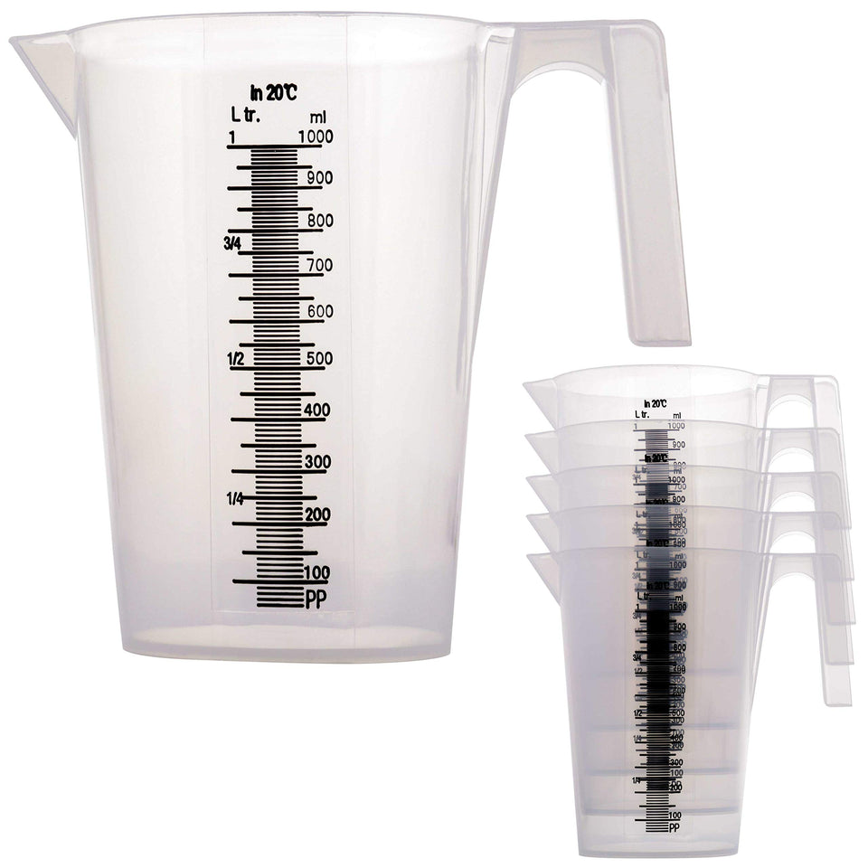 TCP Global 1-liter pitcher with pour spout for precise pouring and measuring.