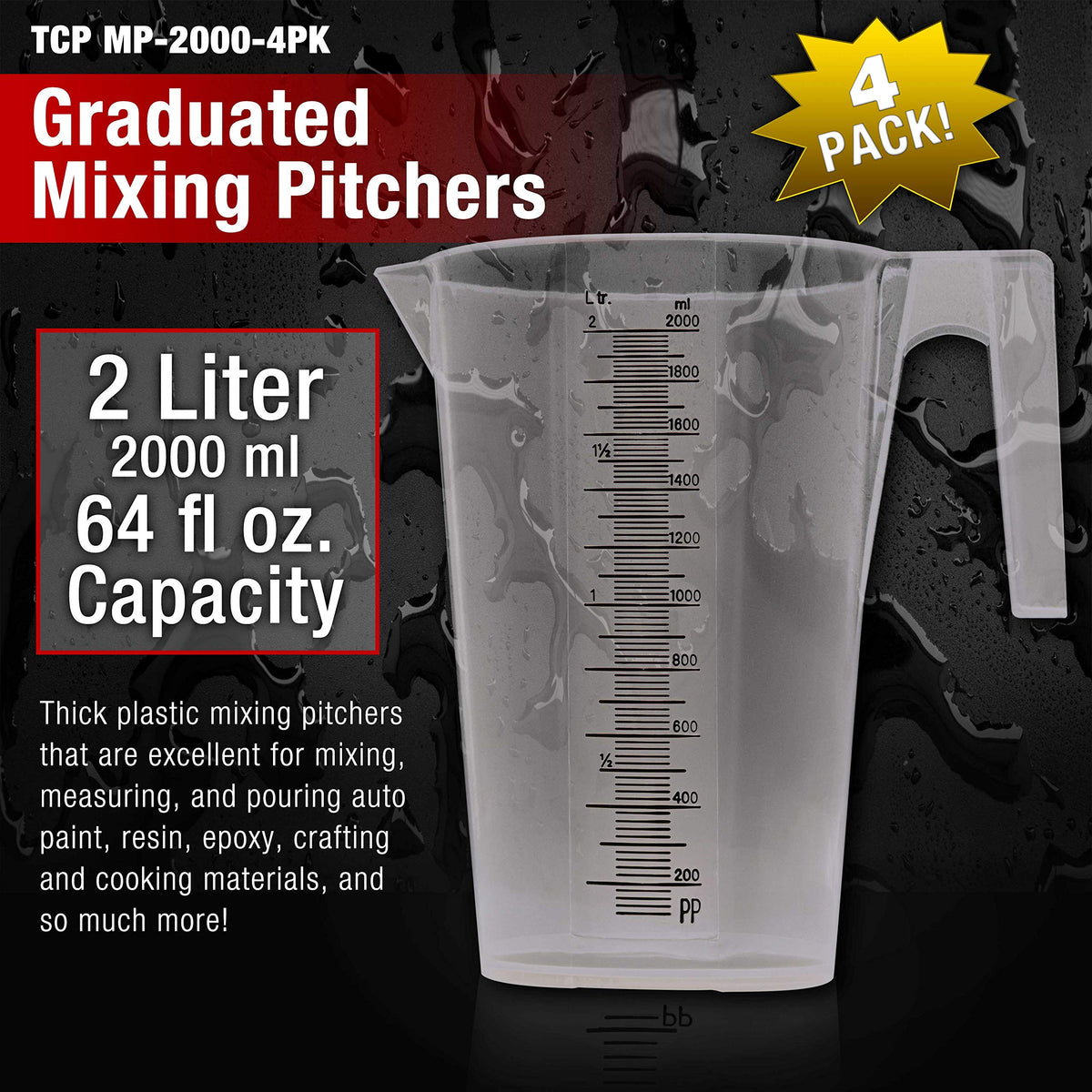 Close-up of graduations on a TCP Global pitcher for accurate readings.