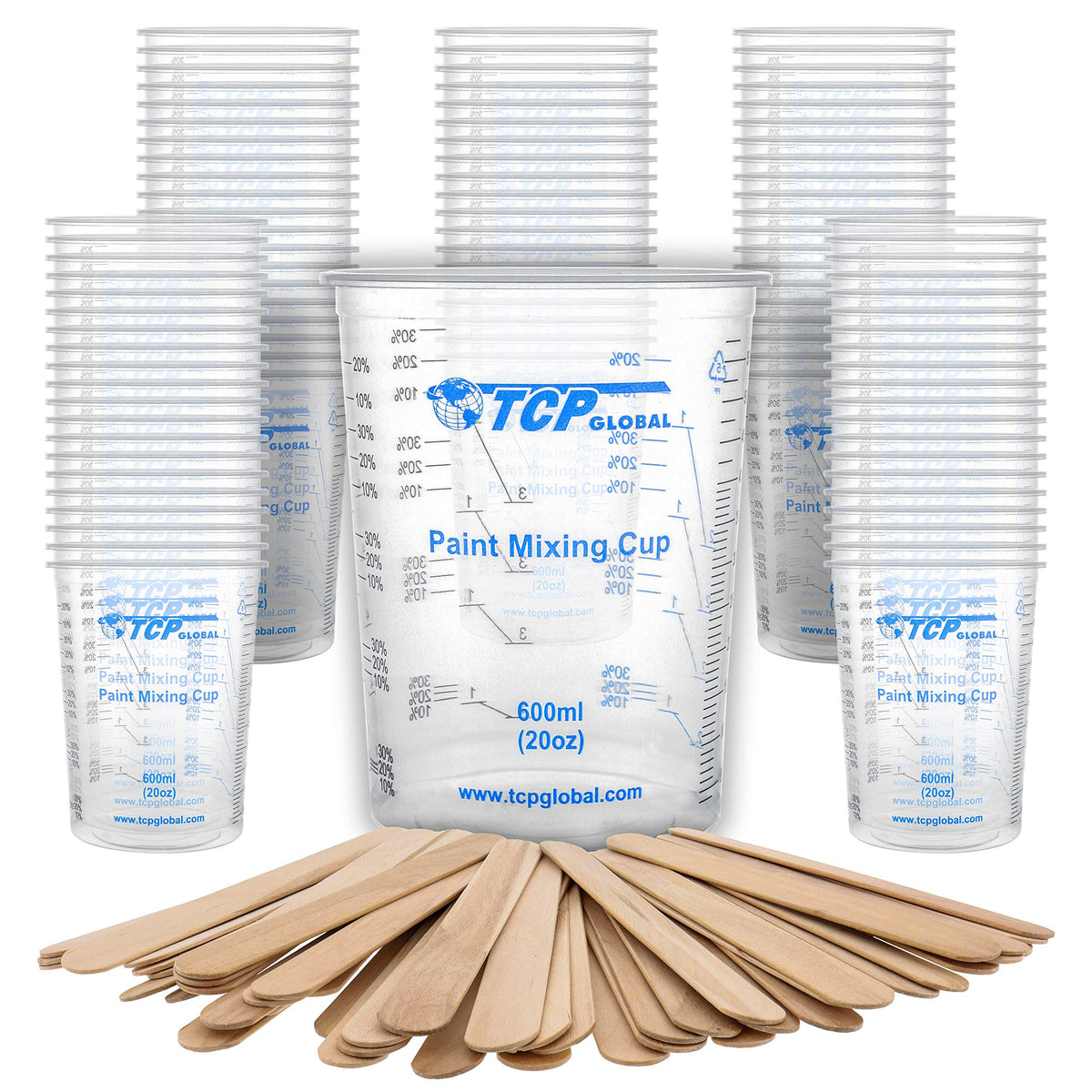TCP Global 20oz graduated mixing cups displaying ml and ratio marks for accuracy