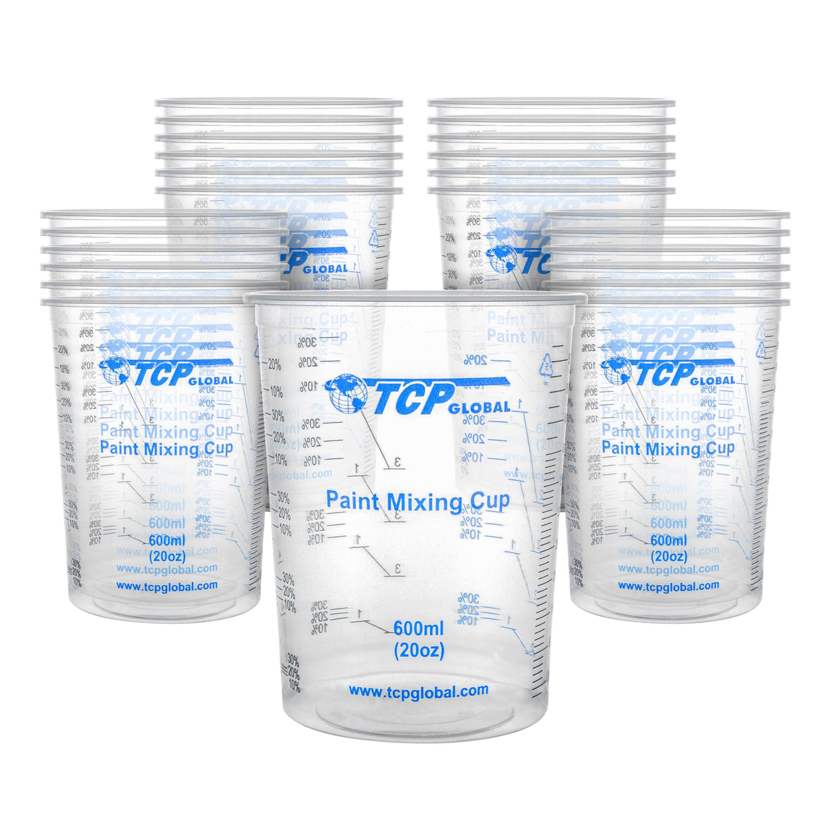 TCP Global 20 oz mixing cups with visible scales for precise resin mixing.