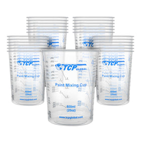 TCP Global 20 oz mixing cups with visible scales for precise resin mixing.