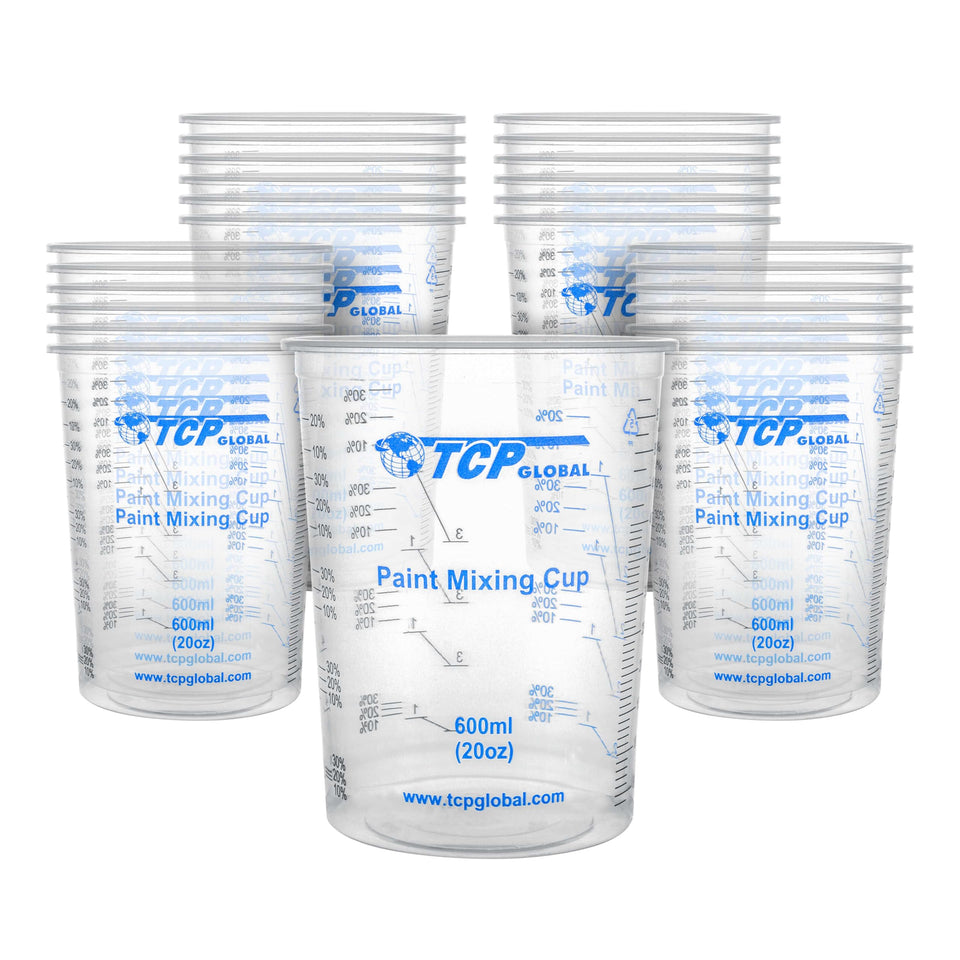 TCP Global 20 oz mixing cups with visible scales for precise resin mixing.