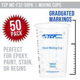 TCP Global 32oz mixing cups with graduated scales for accurate measurements in resin work.