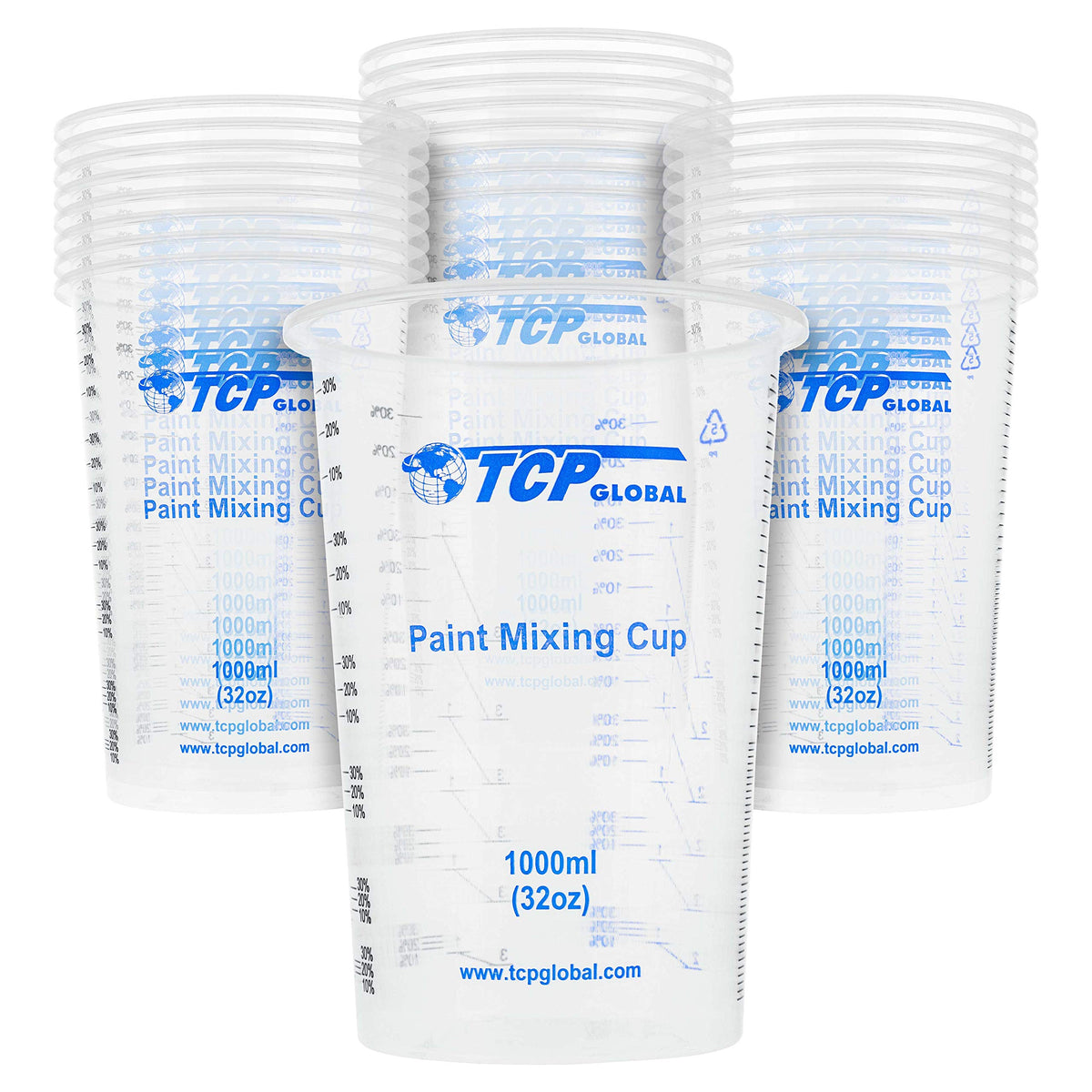 TCP Global 32oz mixing cups side view with precise ml and ratio marks