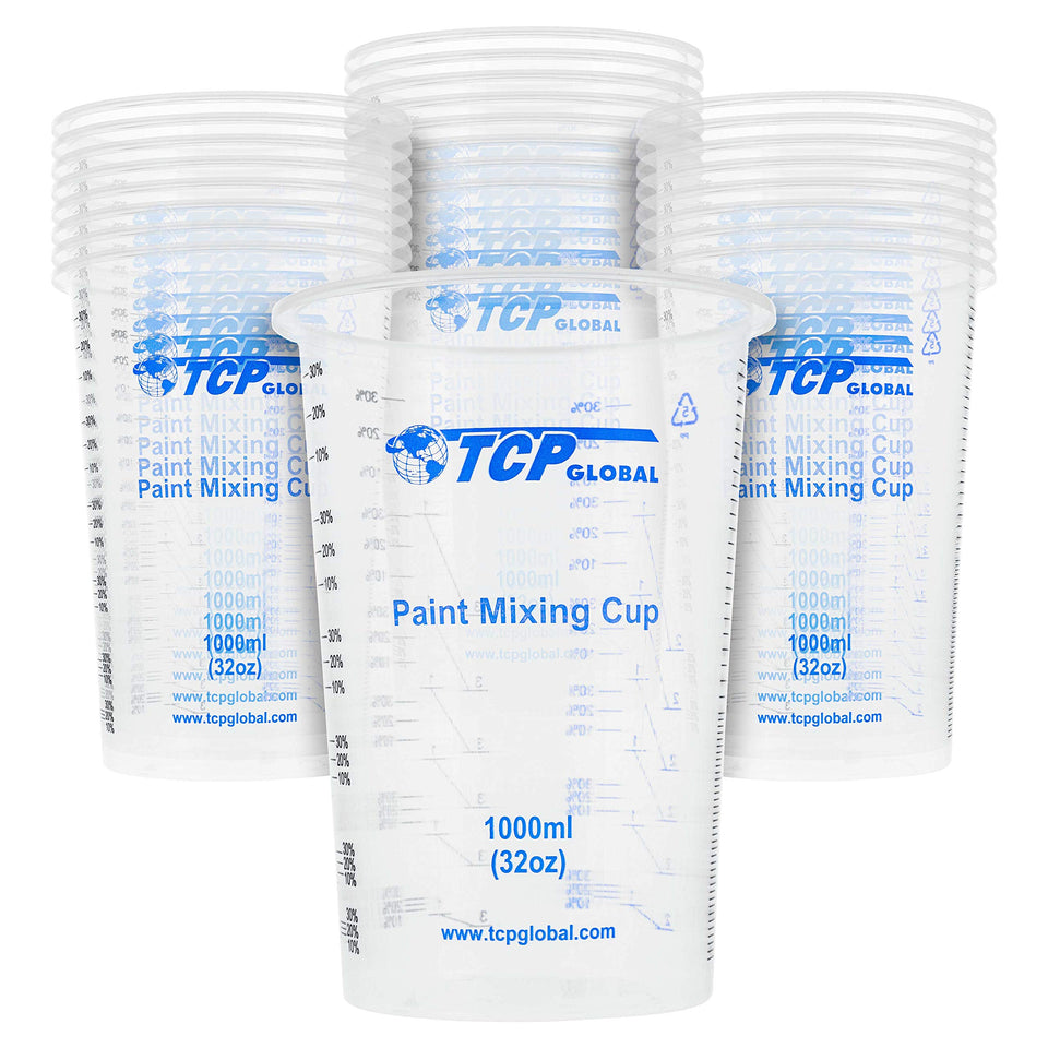 TCP Global 32oz mixing cups side view with precise ml and ratio marks