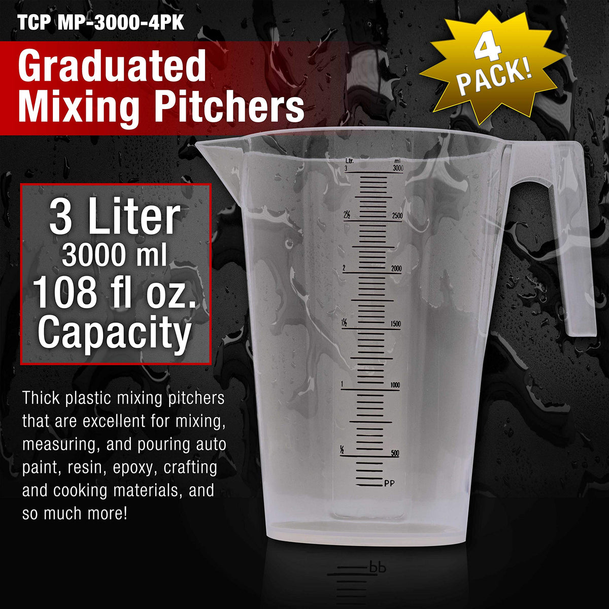 TCP Global 3L pitcher showing measuring scales for precise liter and milliliter readings.