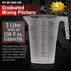 TCP Global 3L pitcher showing measuring scales for precise liter and milliliter readings.