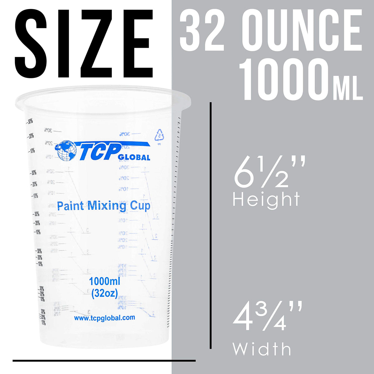 TCP Global 32oz cups showing ml and 2:1, 3:1, 4:1 ratios for epoxy