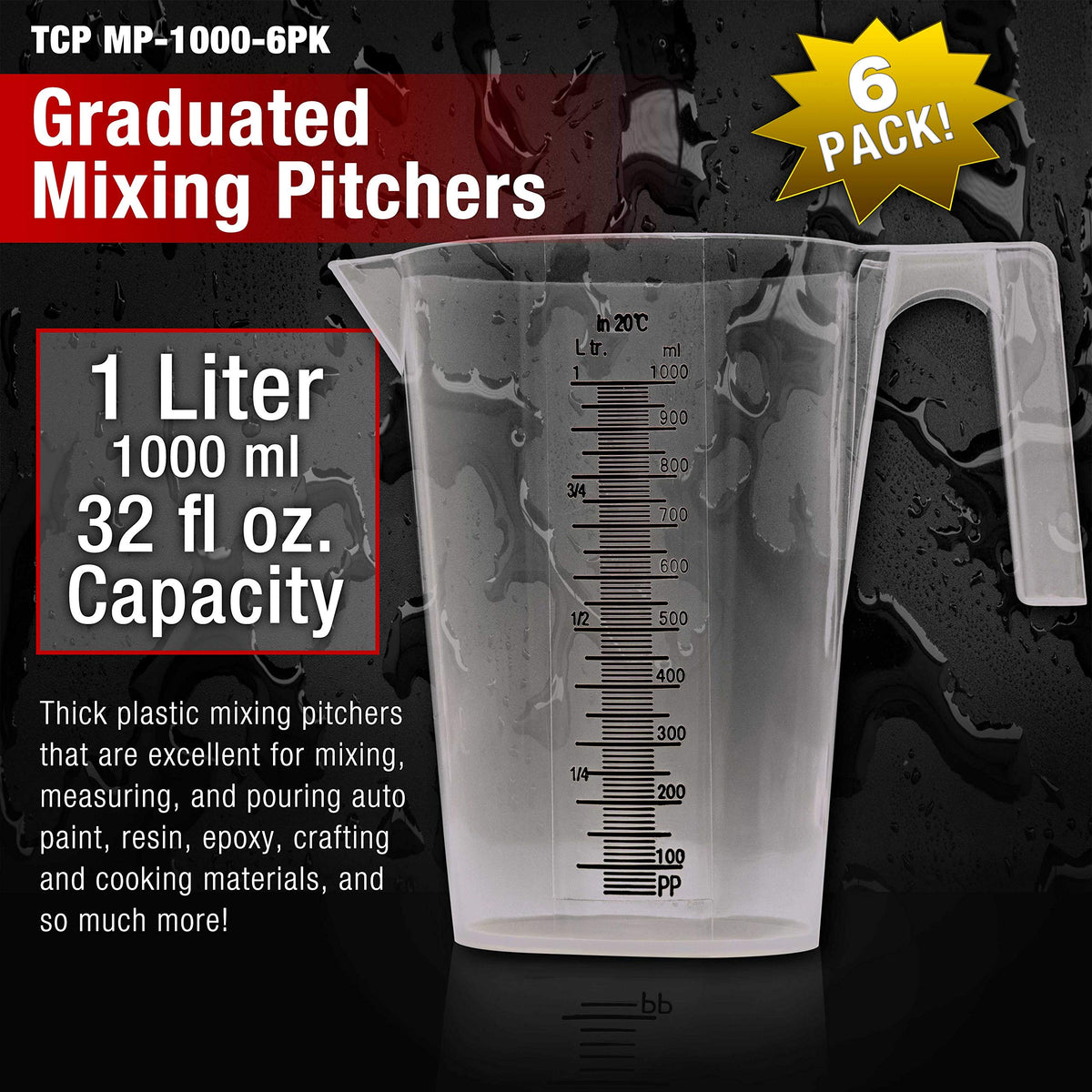TCP Global measuring pitcher showing ml and L graduations for accuracy.