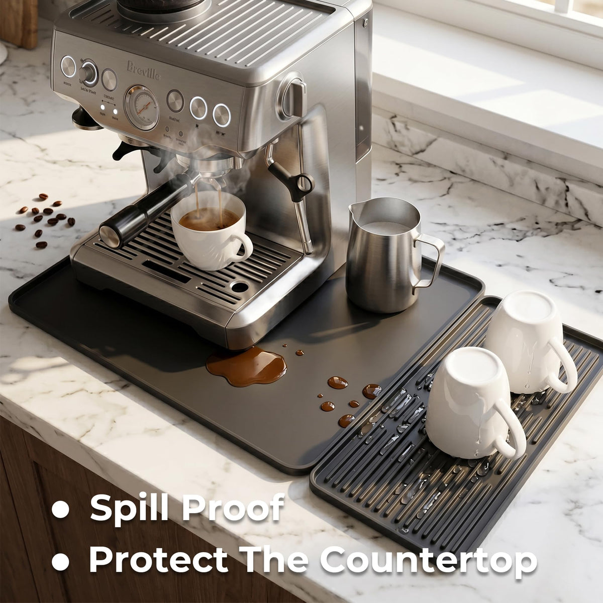 Raised-edge coffee mat barrier protects countertops from spills and stains