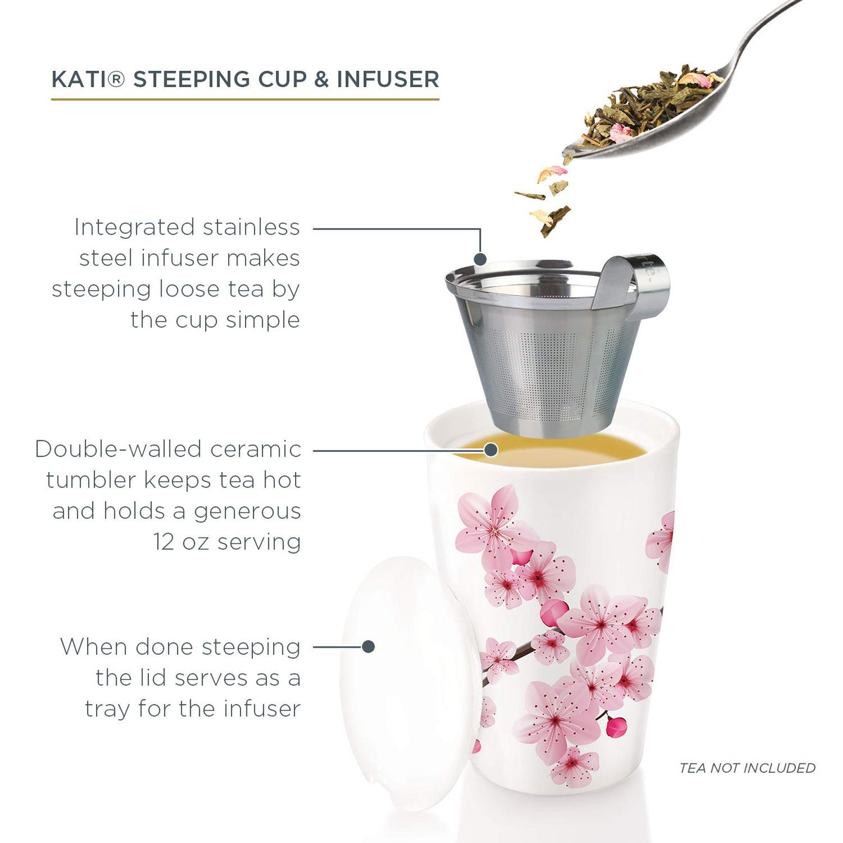 Tea Forte Kati Cup removable infuser basket for loose leaf tea.