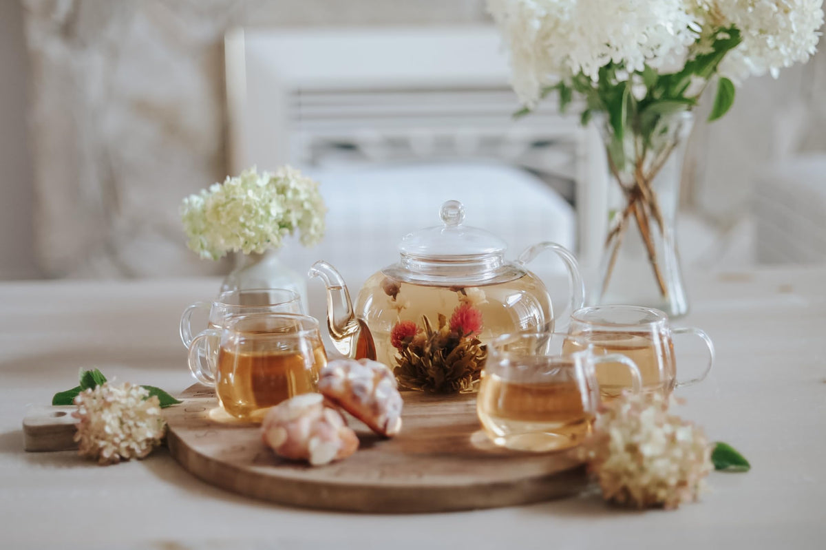 Teabloom Blossoms four 7oz glass teacups ready for serving.