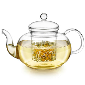 Teabloom Blossoms teapot front view in clear borosilicate glass for blooming tea.