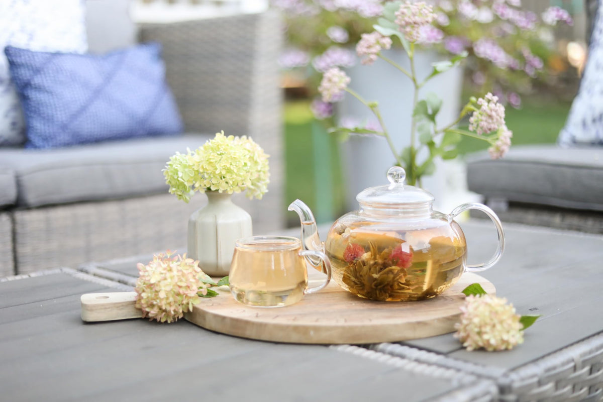 Teabloom Blossoms teapot top view highlights the spacious viewing window.