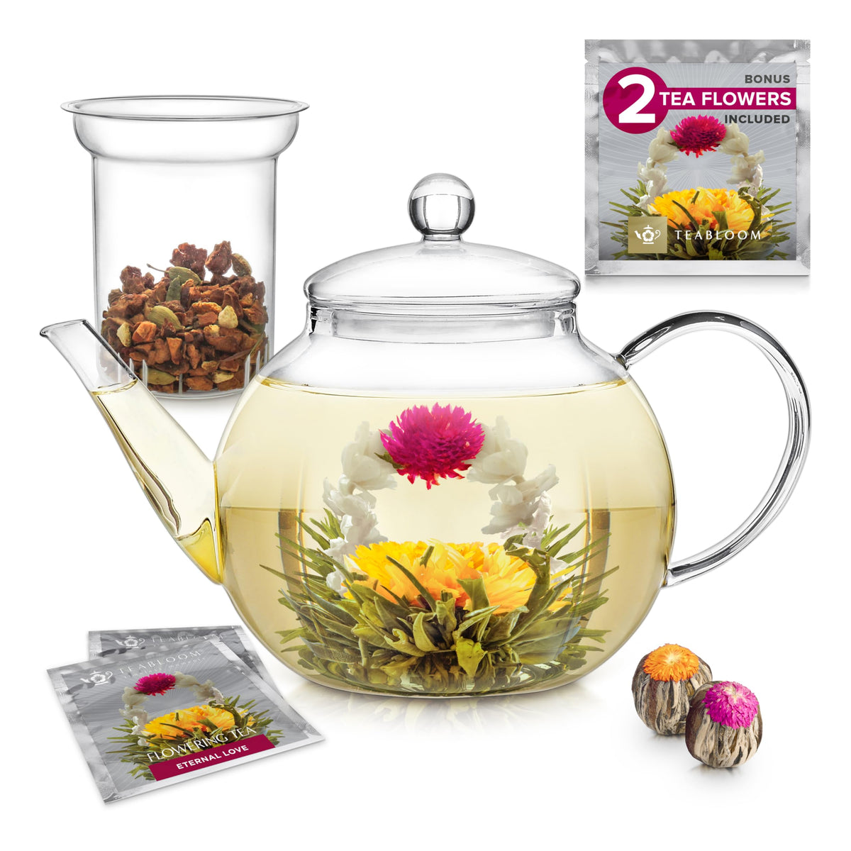 Teabloom Celebration teapot glass body showcases blooming tea.