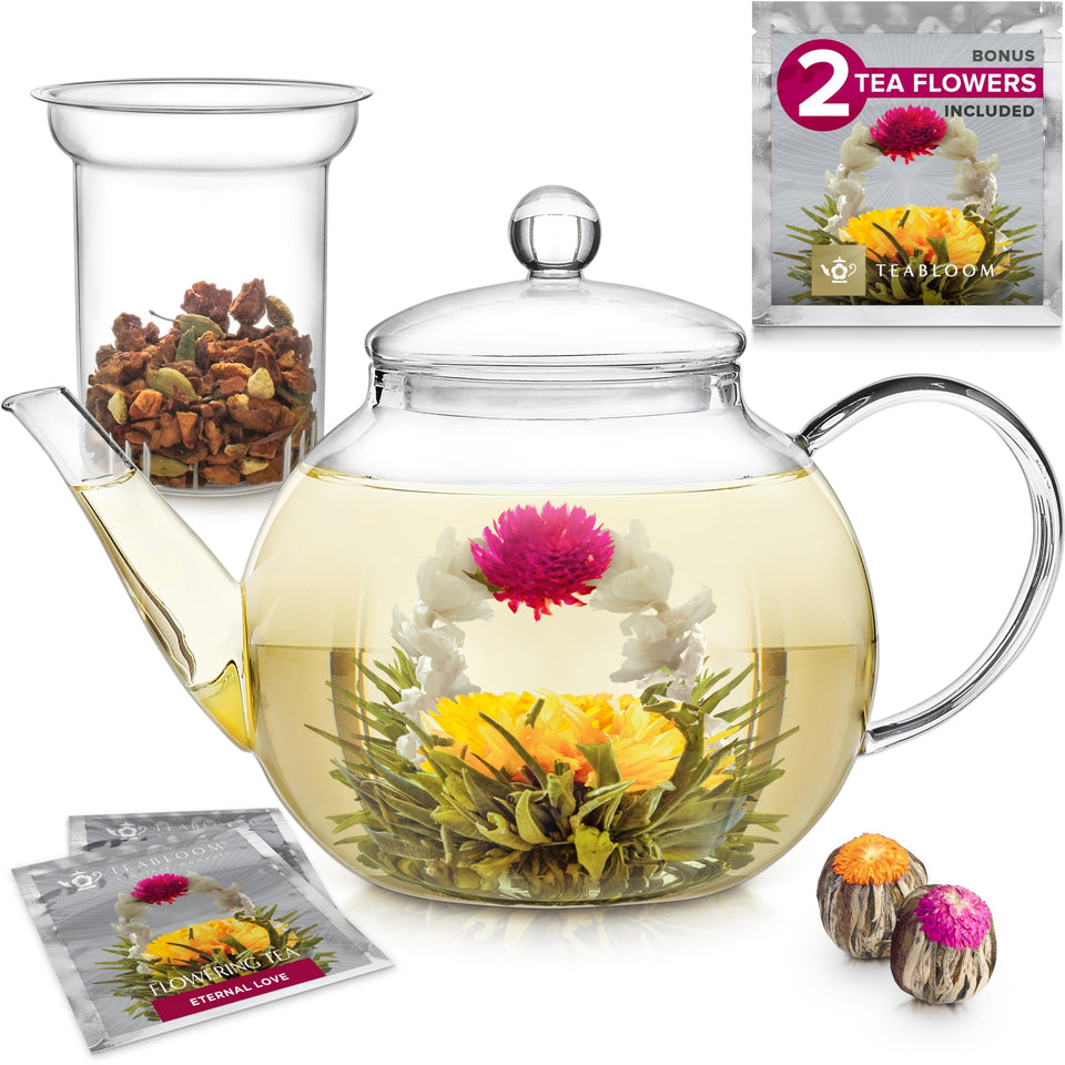 Teabloom Celebration teapot in use, steaming tea with clear glass body