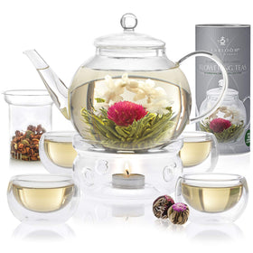 Teabloom glass teapot 40 oz with ergonomic handle and dripless spout.