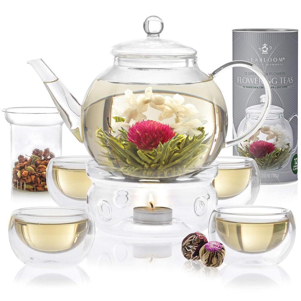 Teabloom glass teapot 40 oz with ergonomic handle and dripless spout.