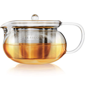 Teabloom Kyoto glass teapot in use, showing 24 oz capacity for four cups.
