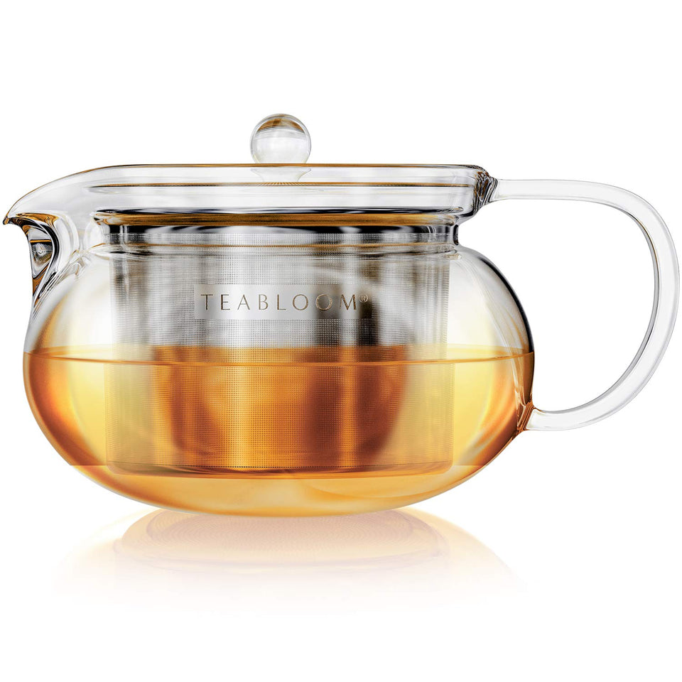 Teabloom Kyoto glass teapot in use, showing 24 oz capacity for four cups.