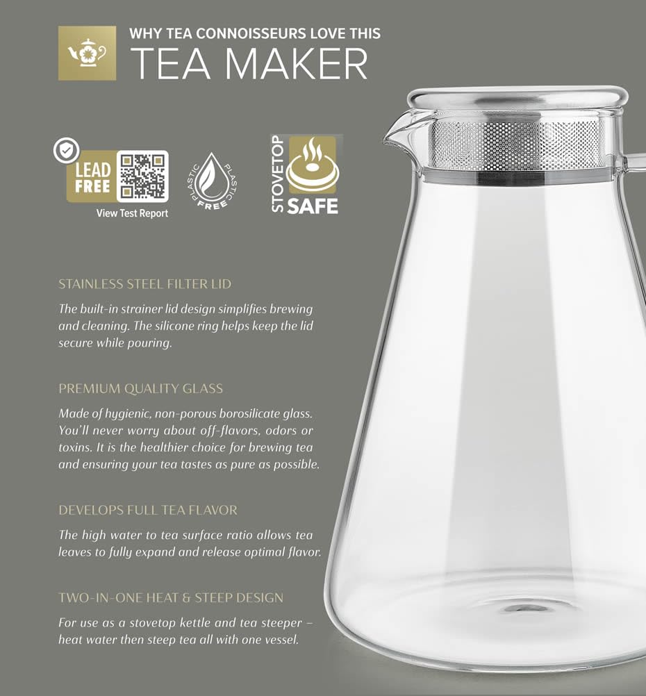 Teabloom borosilicate glass body stays crystal-clear during brewing