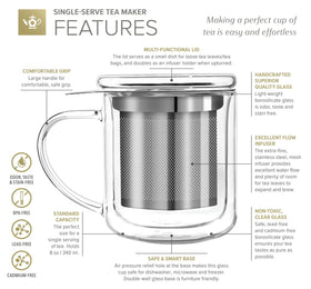 Lid doubles as infuser holder to keep tea hot and reduce drips.
