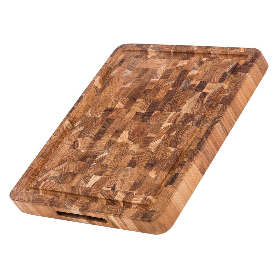 Teakhaus butcher block cutting board with medium-thick end grain for smooth slicing.