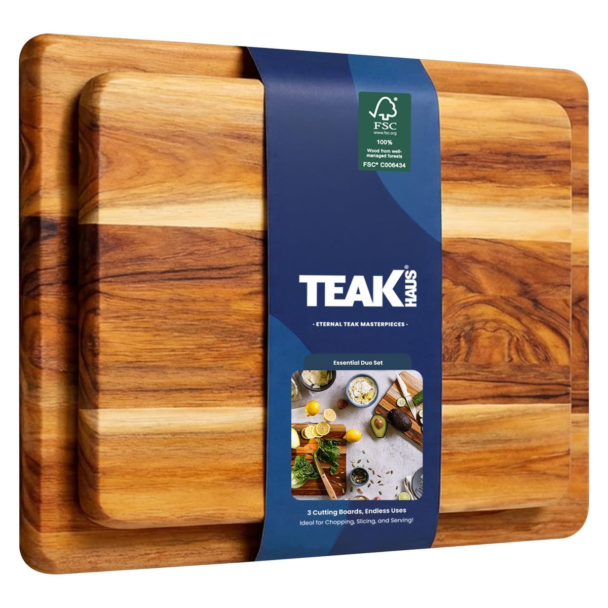 Teakhaus cutting board set in two sizes with edge grain for smooth prep