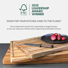 Teakhaus cutting board provides knife-friendly surface for gentle blade care.