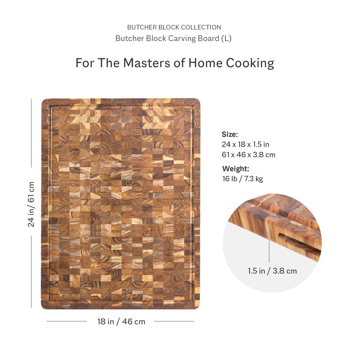 Teakhaus reversible cutting board showing dual sides for prep and serving.