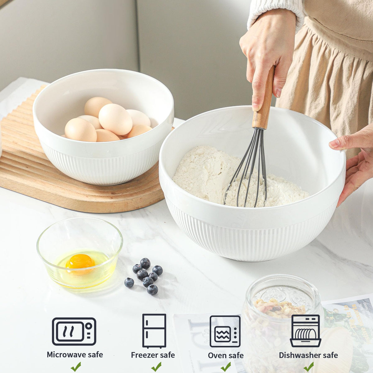TEAKISS 8-inch ceramic mixing bowl top view for compact use.
