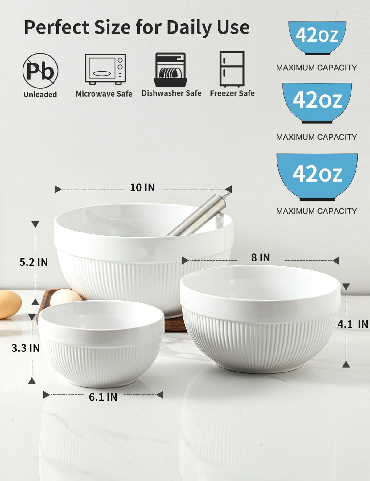 TEAKISS 2.3qt mixing bowl with wide opening for quick whisking.