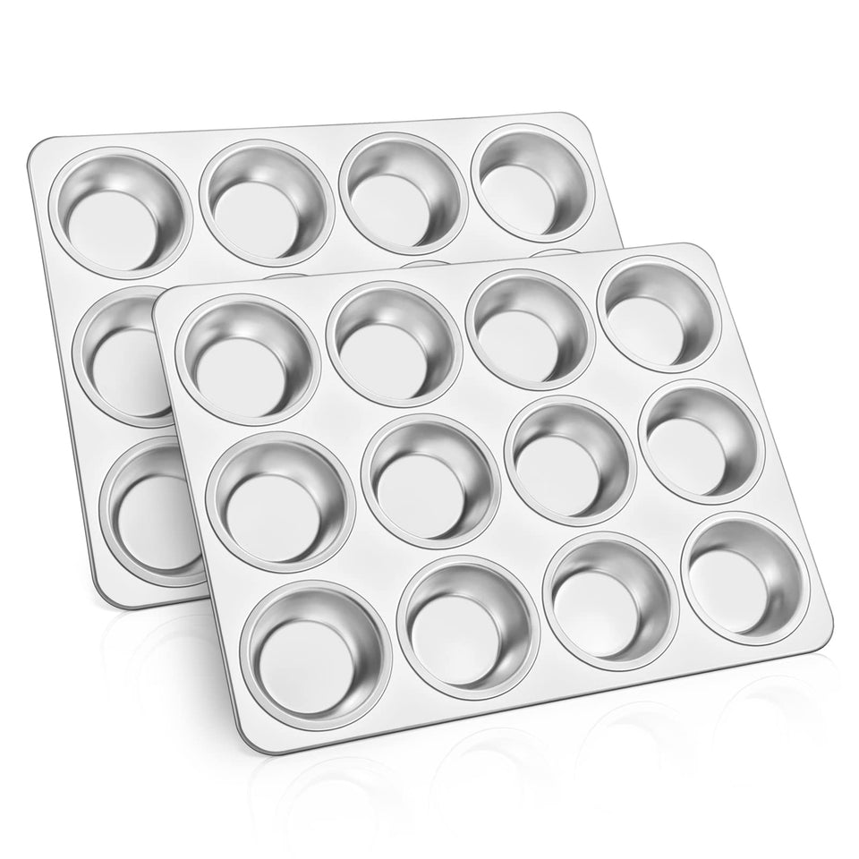 TeamFar 12-cup muffin pan with flat bottom for even baking and stability.